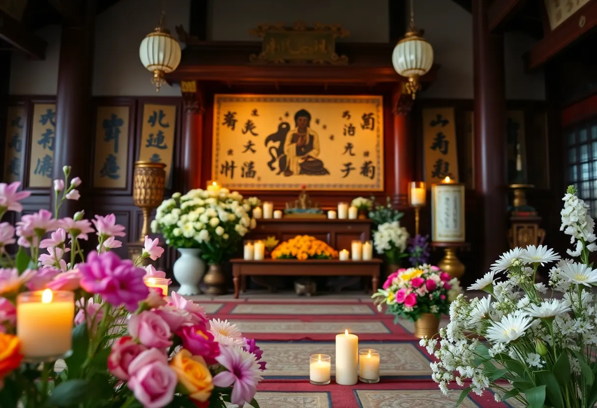 A Buddhist temple adorned with flowers for a memorial service