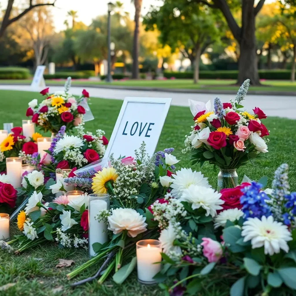 Serene memorial setting with flowers and candles in Anaheim