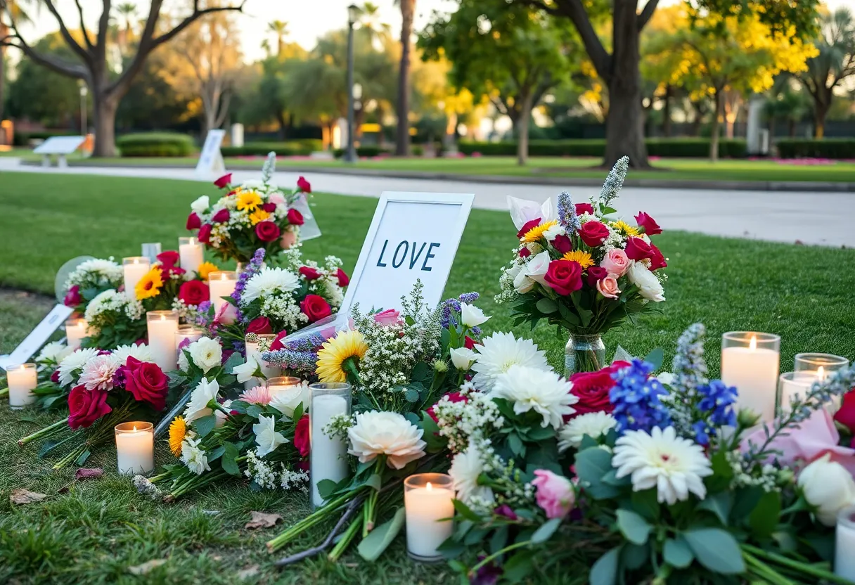 Serene memorial setting with flowers and candles in Anaheim