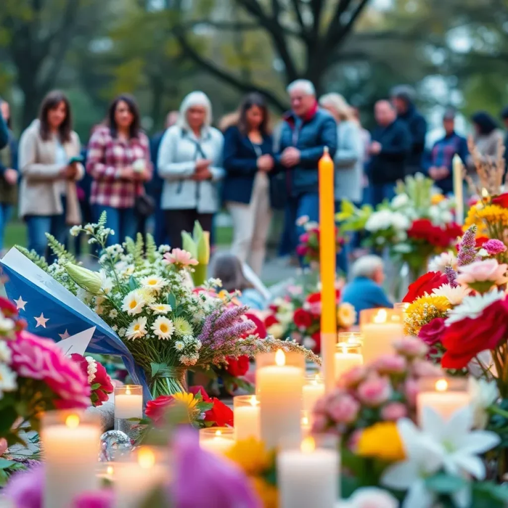 People gathering for memorial services with flowers and candles