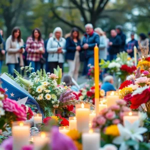 People gathering for memorial services with flowers and candles