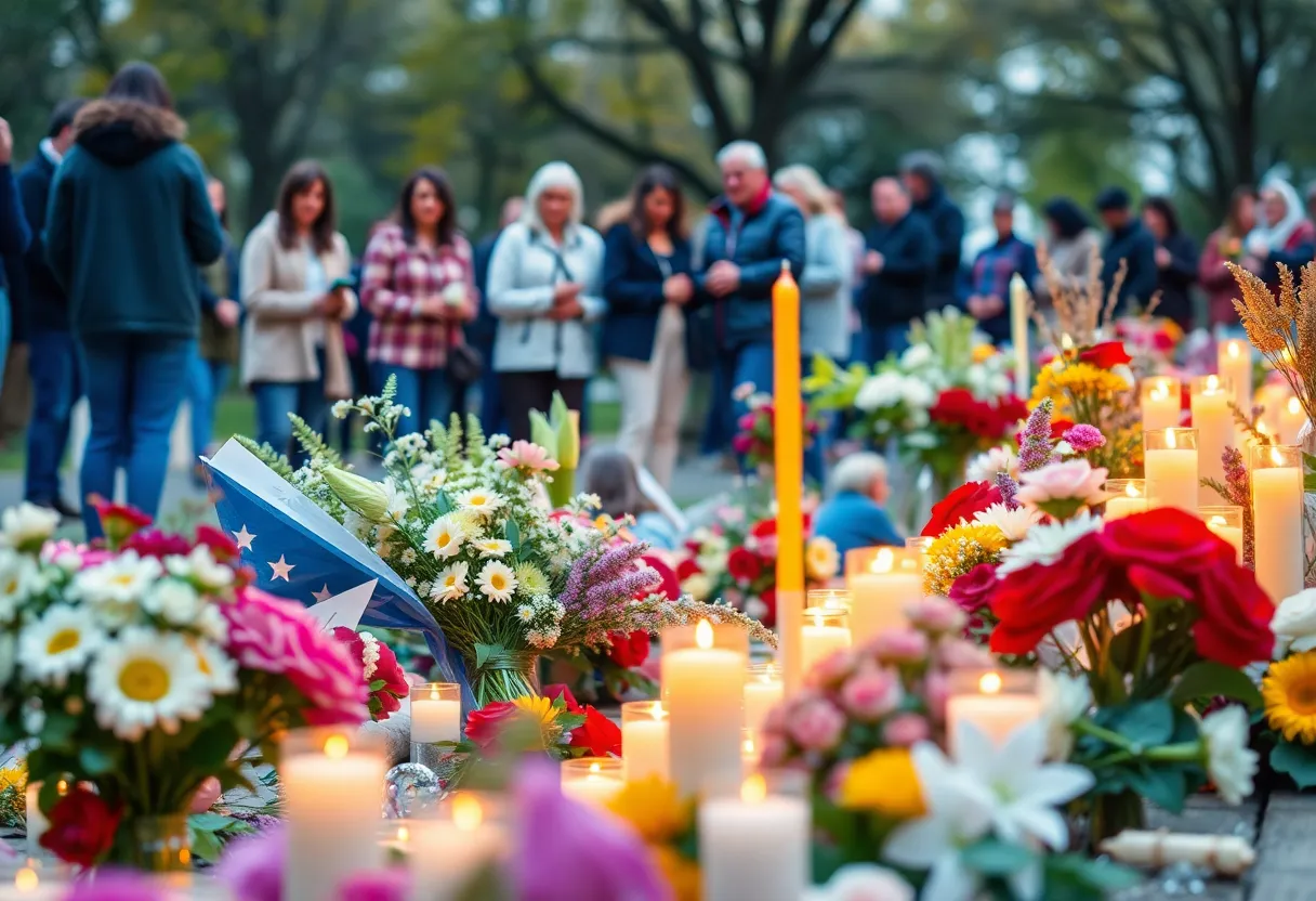 People gathering for memorial services with flowers and candles