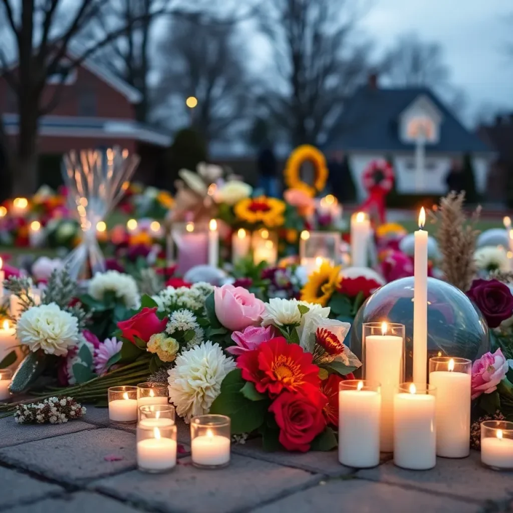 Memorial flowers and candles in remembrance of Vinson Allen Burnett
