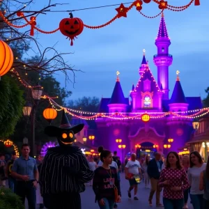 Families enjoying Halloween festivities at Disneyland's Oogie Boogie Bash.