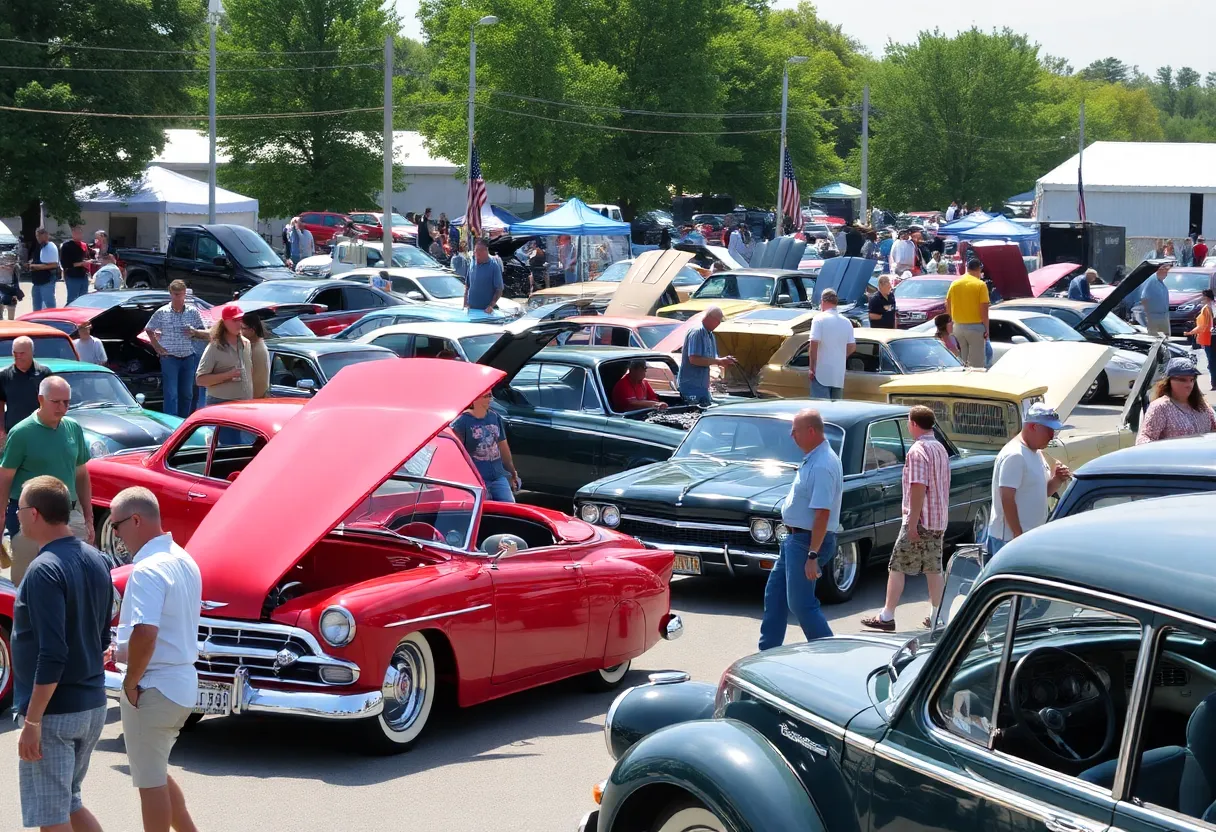 A lively outdoor car show in Orange County showcasing a variety of vehicles.