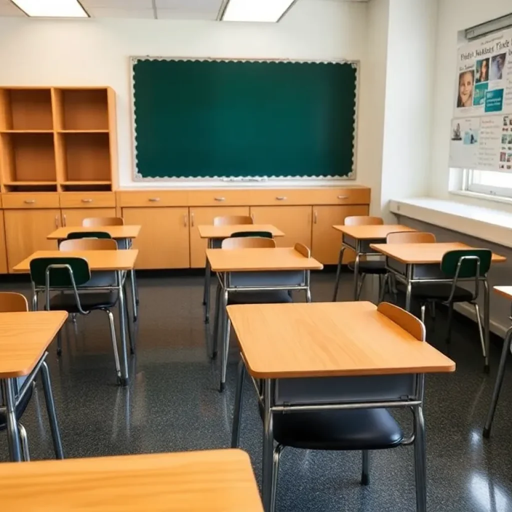 An empty classroom reflecting the staffing crisis in Orange County schools.