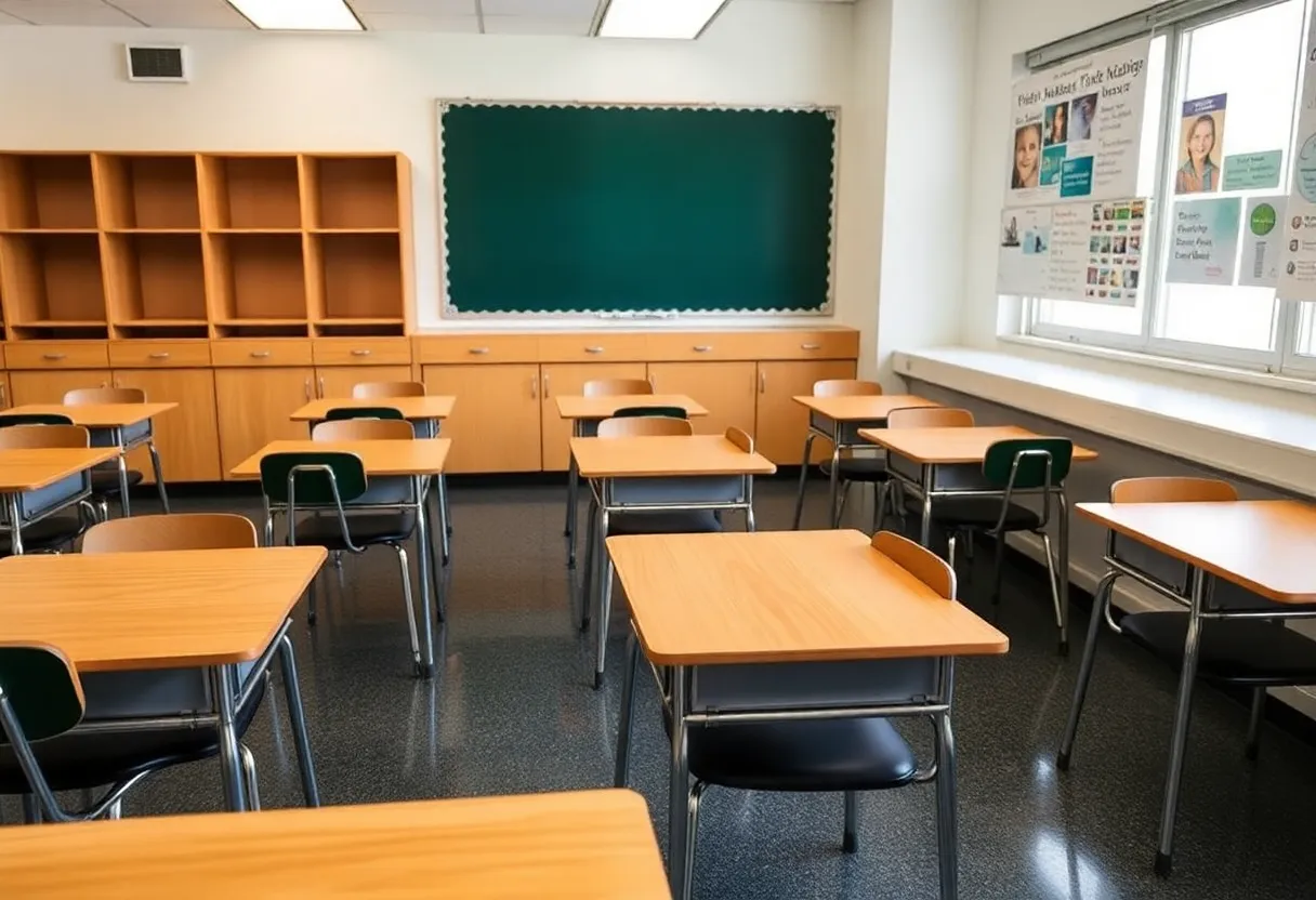 An empty classroom reflecting the staffing crisis in Orange County schools.