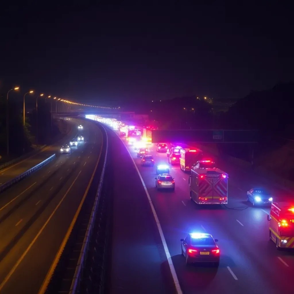 Night view of the 5 Freeway with emergency services at the accident site.