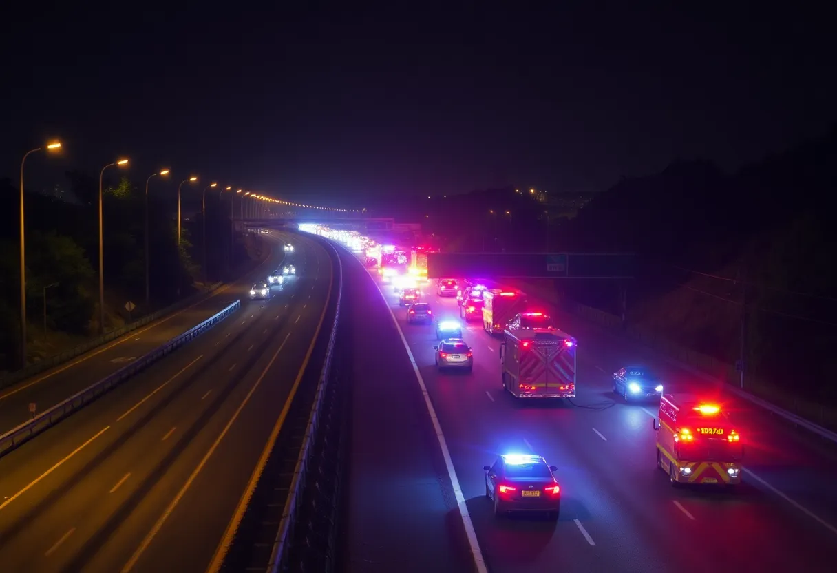 Night view of the 5 Freeway with emergency services at the accident site.