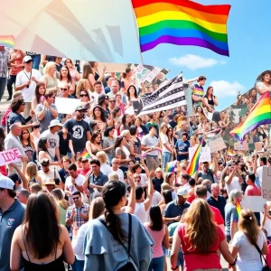 A collage depicting Pride events featuring rainbow flags and diverse celebration scenes.
