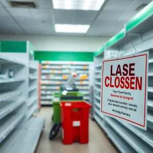 Closed Rite Aid store with empty shelves