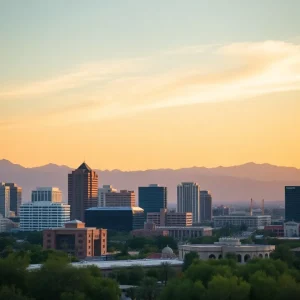 Skyline of Scottsdale, Arizona with corporate buildings and mountains.