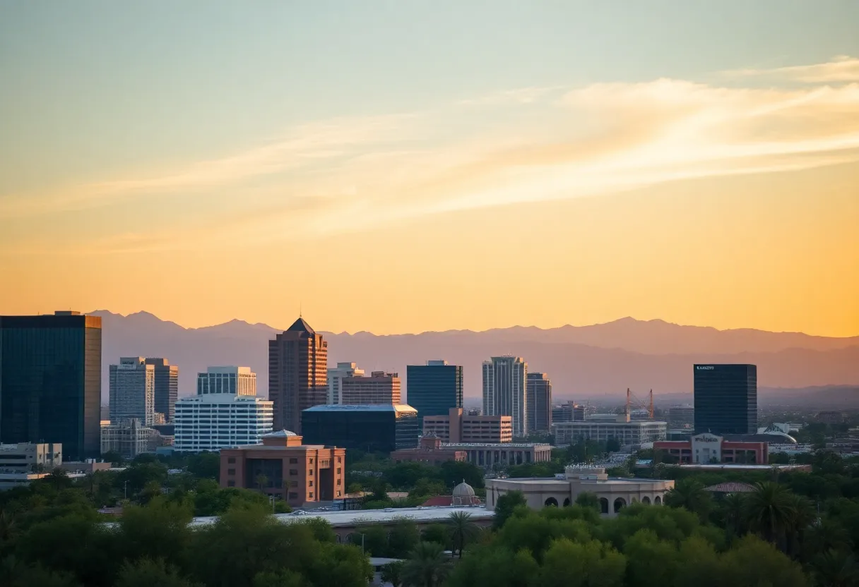 Skyline of Scottsdale, Arizona with corporate buildings and mountains.