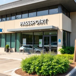 Exterior view of the new SDSU Passport Office with landscaping