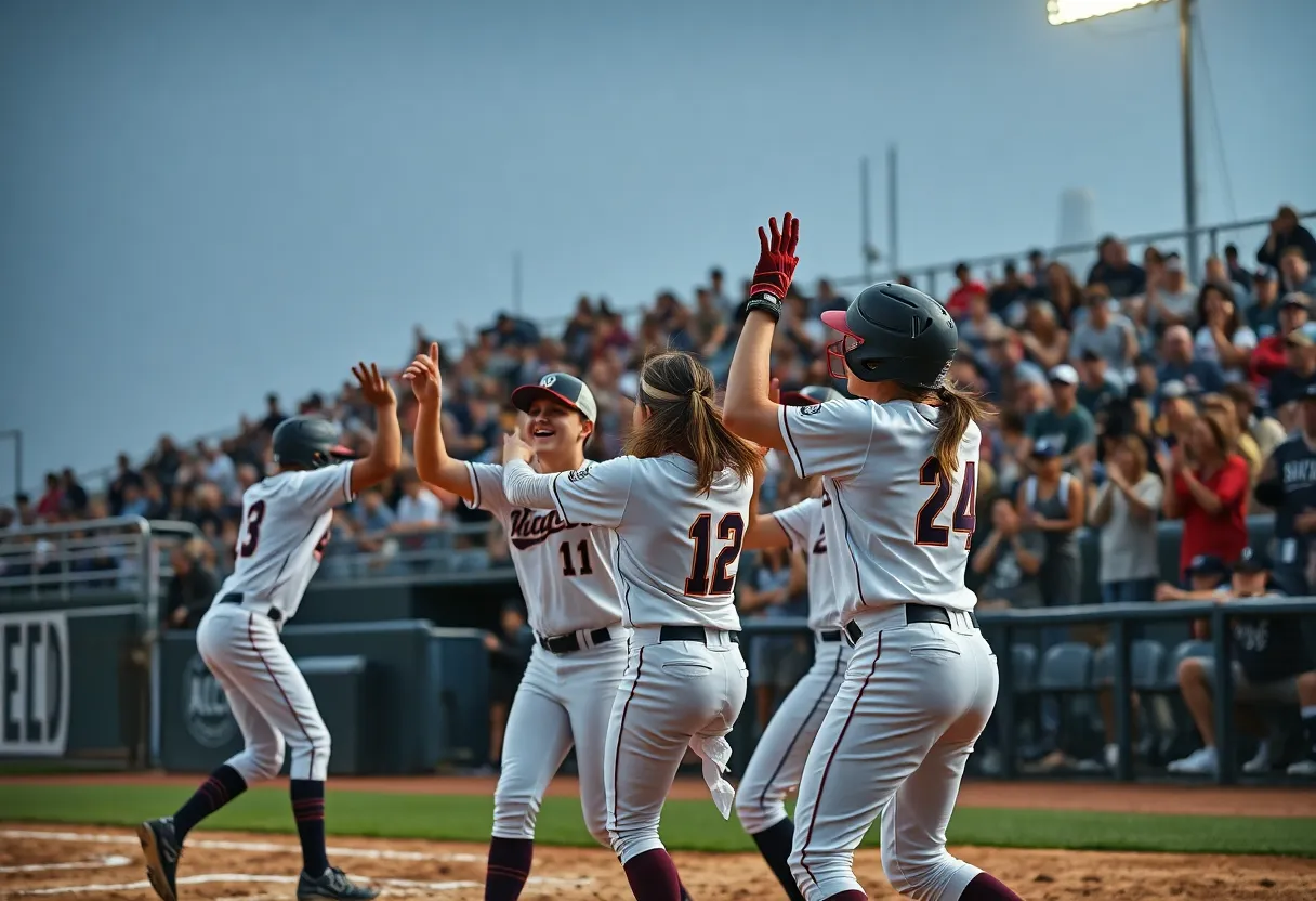 San Diego State Aztecs players celebrating a home run during an NCAA Tournament game.