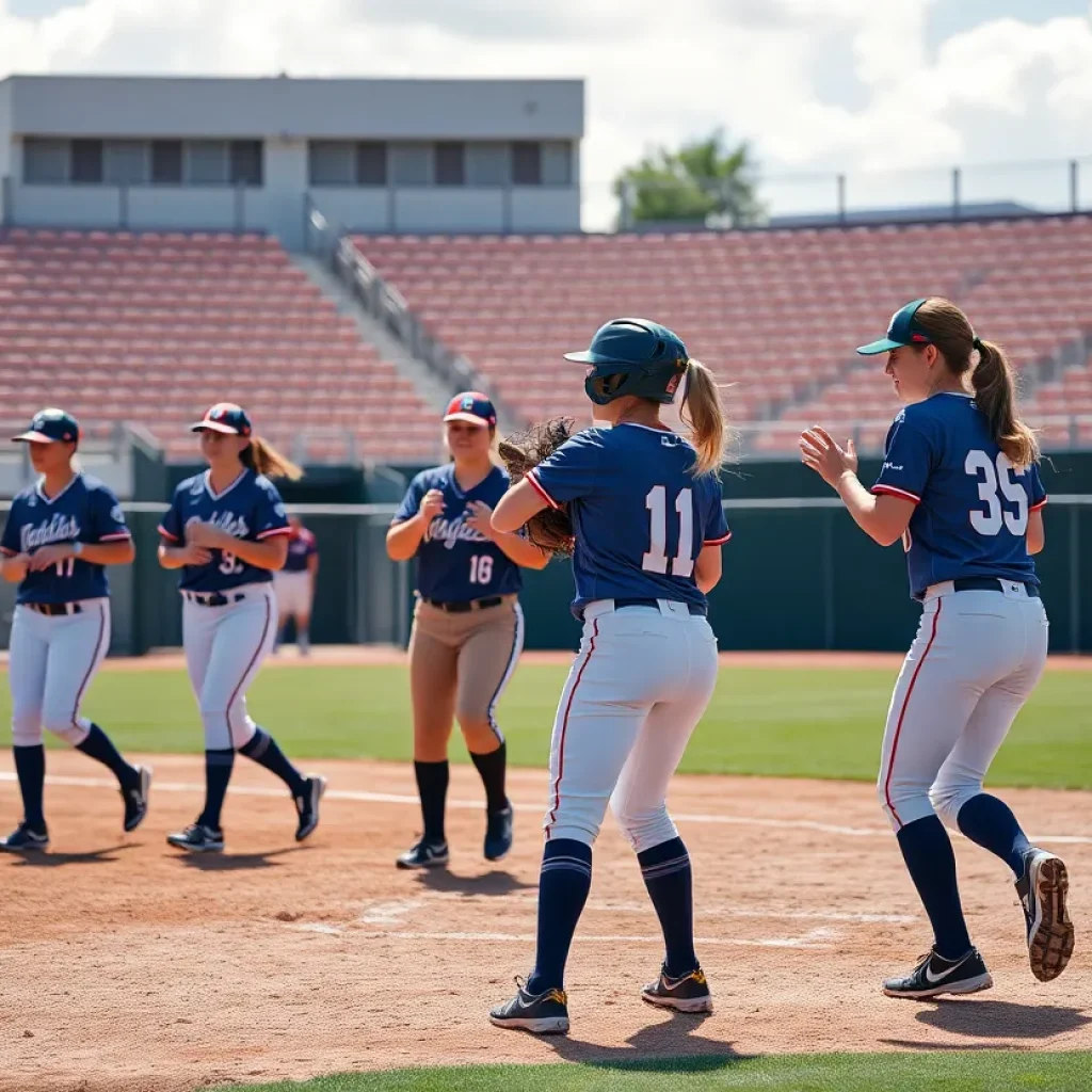 SDSU Softball players on the field during a game