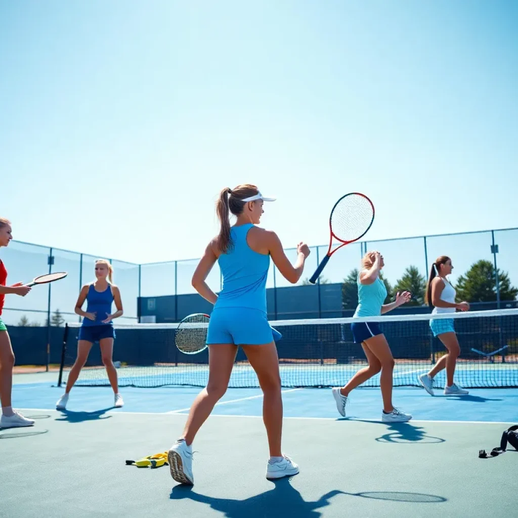 Female tennis players practicing at SDSU tennis courts