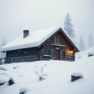 Snow-covered cabin in Sierra Nevada mountains