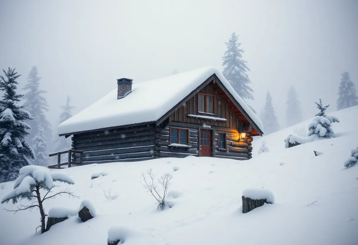 Snow-covered cabin in Sierra Nevada mountains