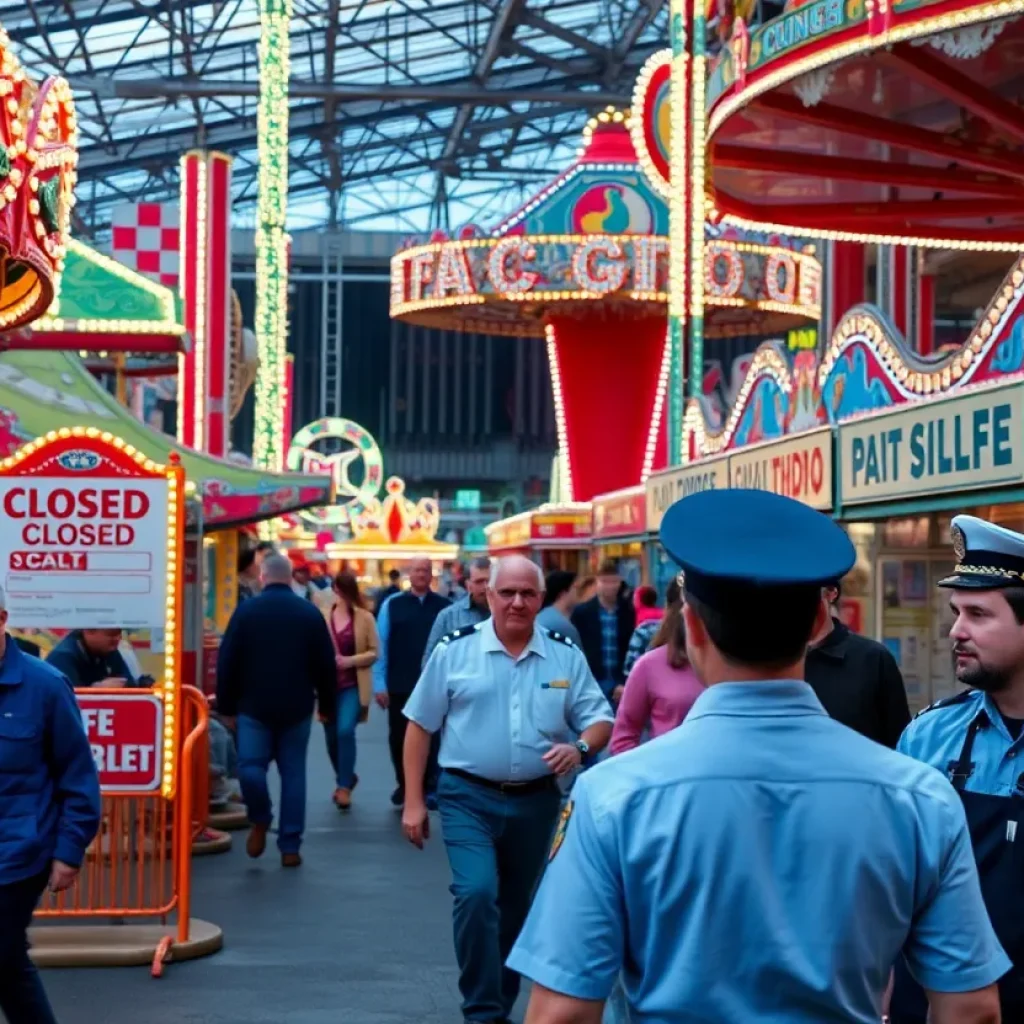 Overview of Six Flags amusement park with signs indicating layoffs.