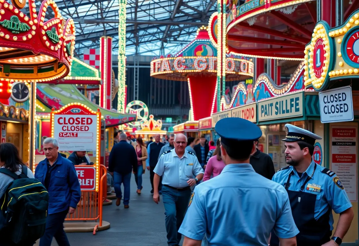 Overview of Six Flags amusement park with signs indicating layoffs.