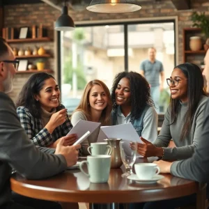 Group of small business owners discussing strategies in a coffee shop