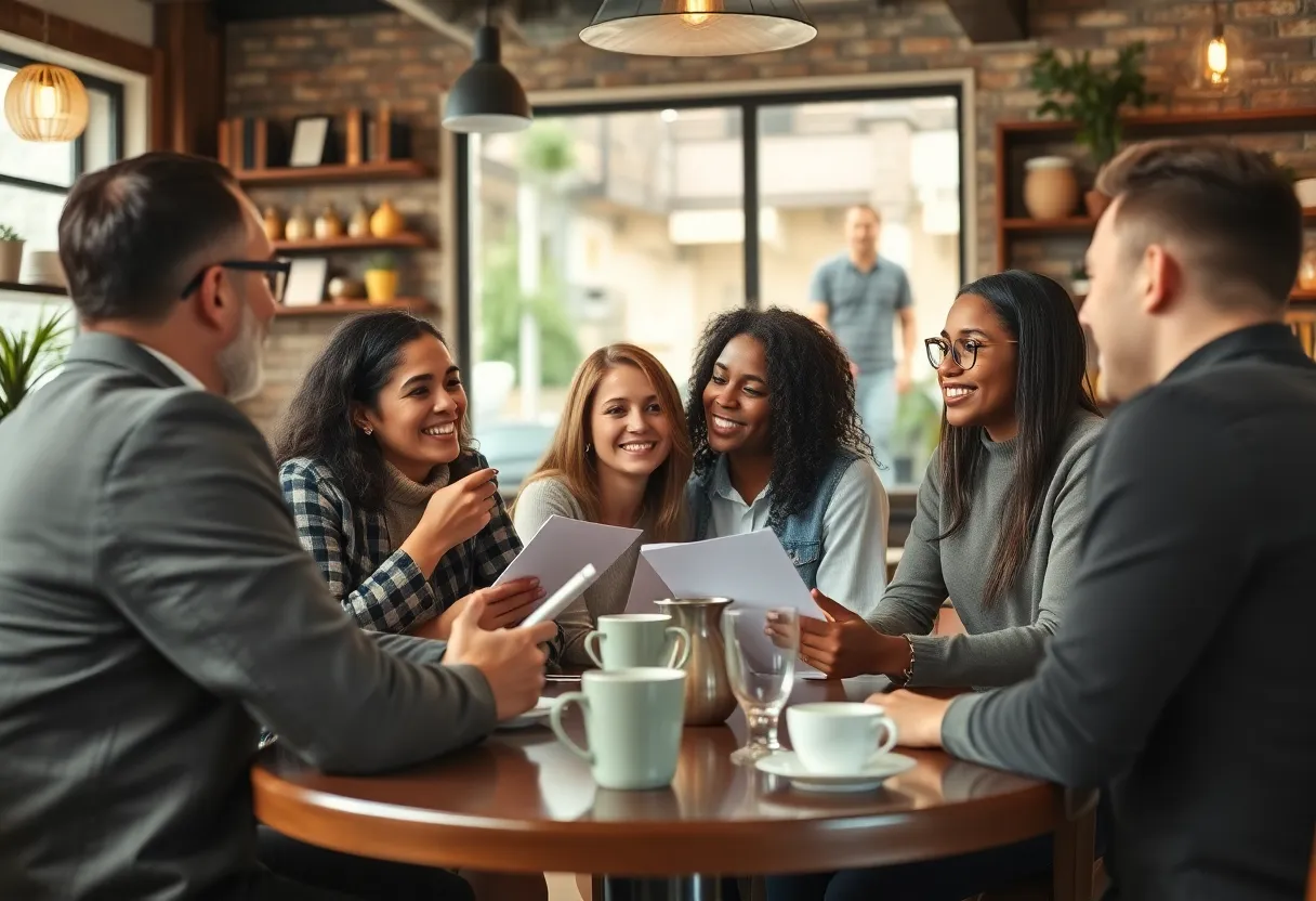 Group of small business owners discussing strategies in a coffee shop