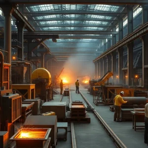 Workers at an American steel factory showing production activities.