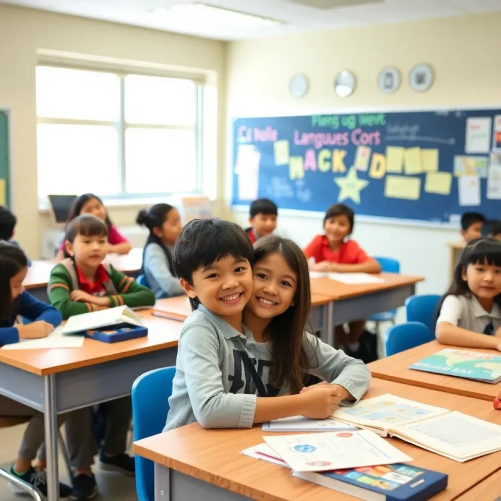 Students engaged in language learning activities in a classroom.