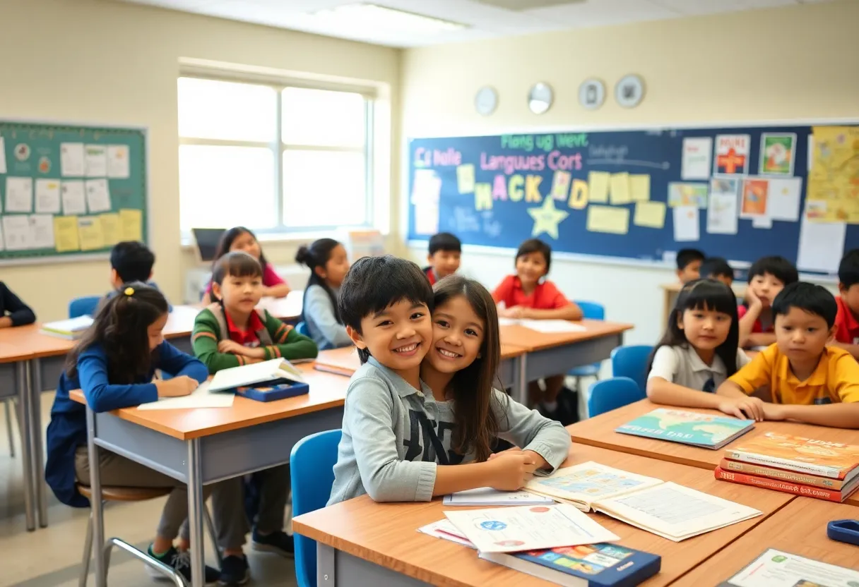 Students engaged in language learning activities in a classroom.