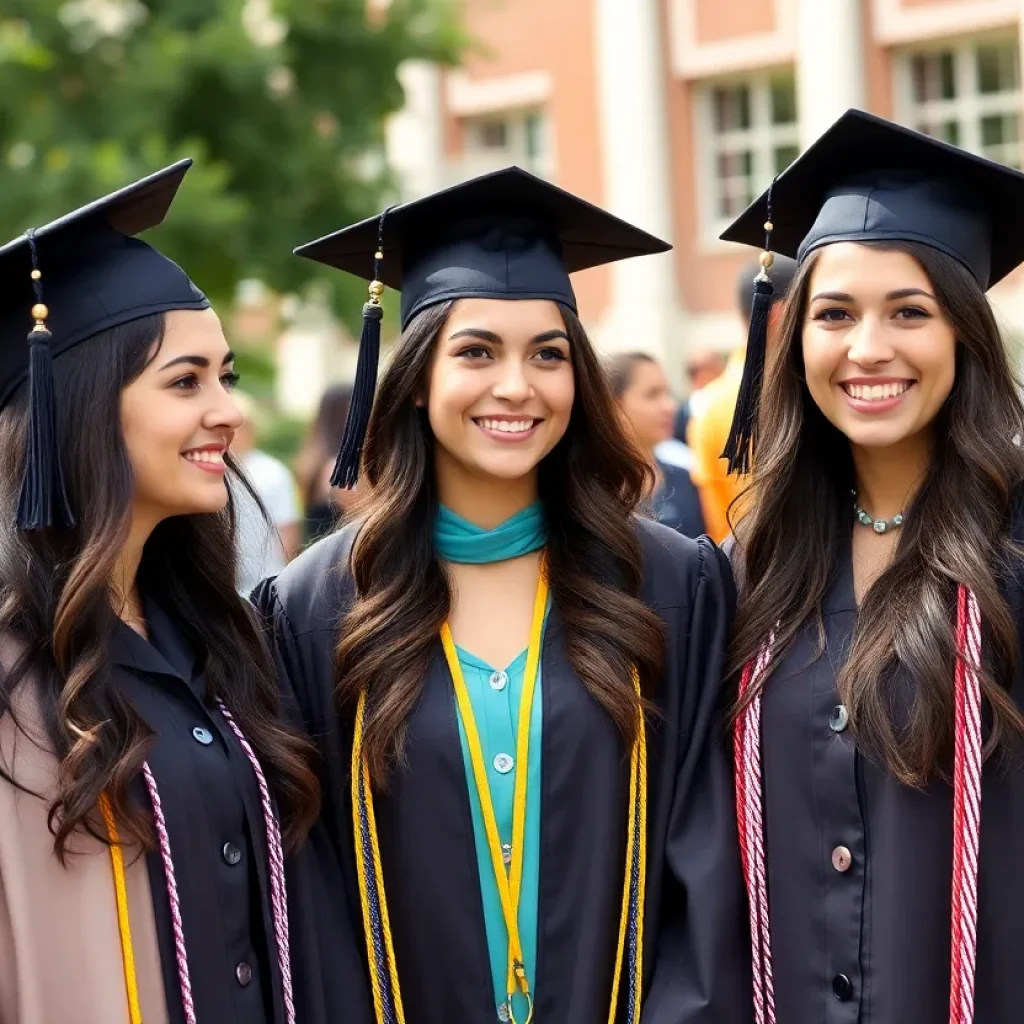 Triplets celebrating their graduation from SDSU in caps and gowns.