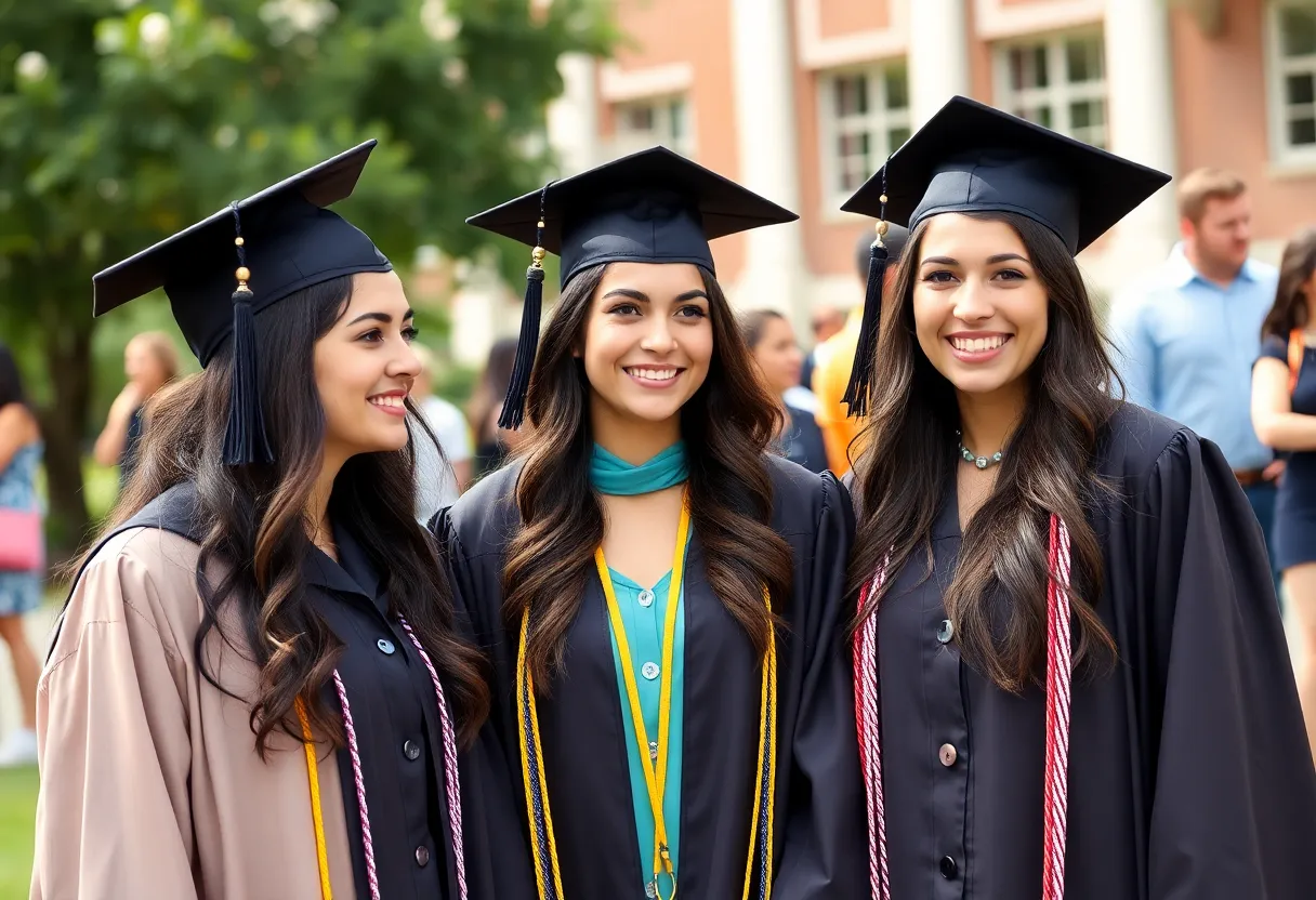 Triplets celebrating their graduation from SDSU in caps and gowns.