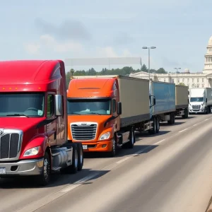 Trucks traveling on a highway indicating truck emissions and environmental issues.