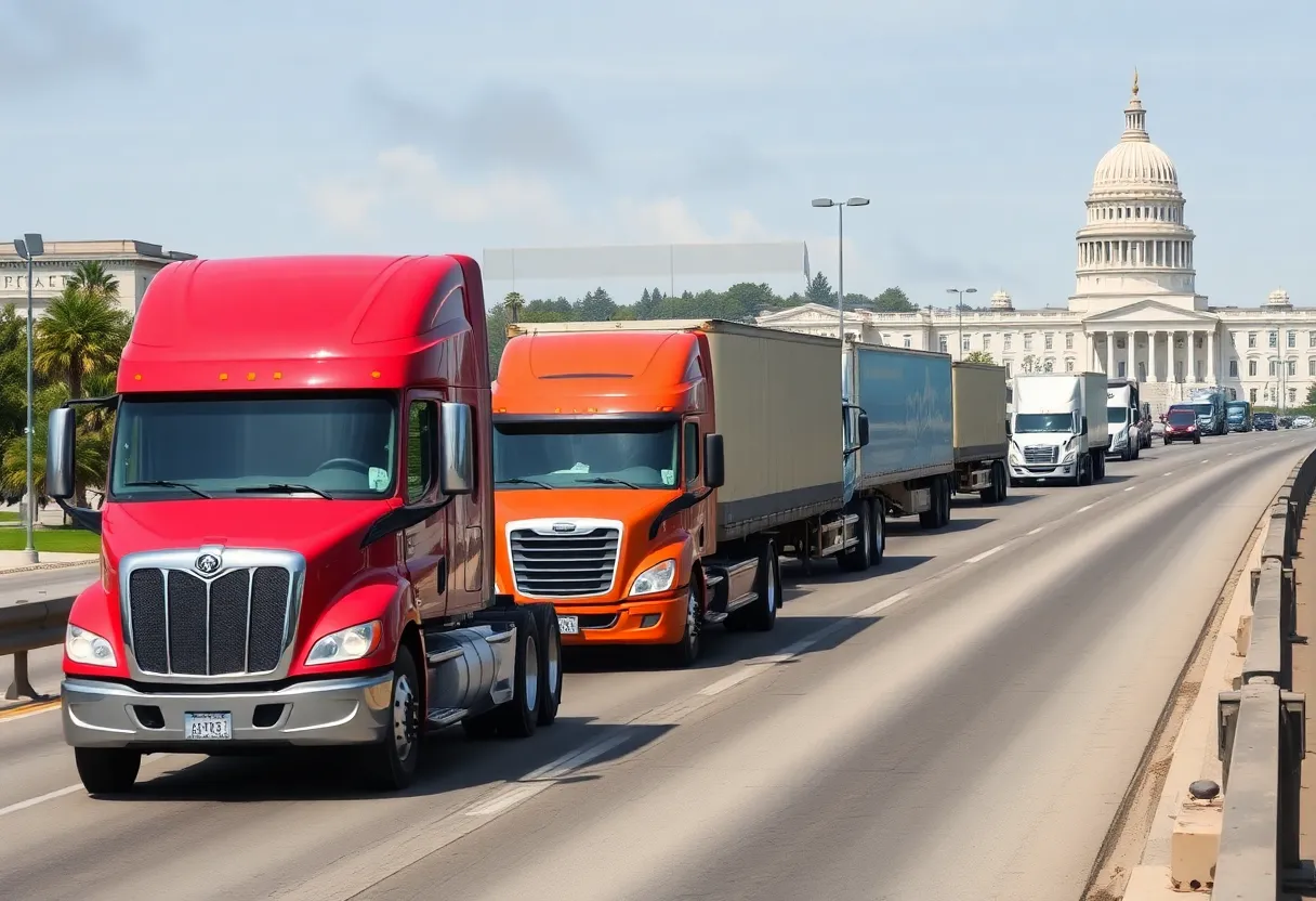 Trucks traveling on a highway indicating truck emissions and environmental issues.