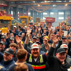 Supportive steelworkers celebrating tariff announcements at a rally