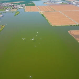 Aerial view of Tulare Lake with surrounding farmlands and wildlife