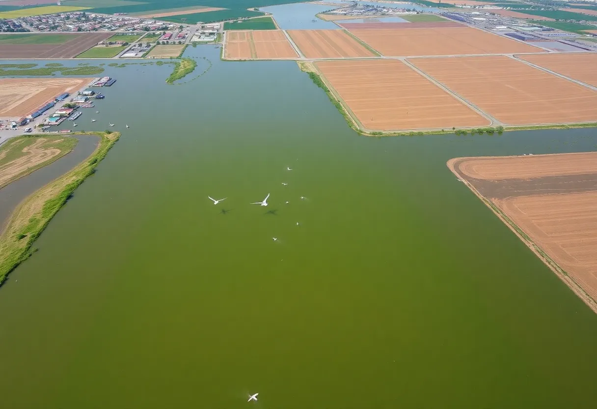 Aerial view of Tulare Lake with surrounding farmlands and wildlife