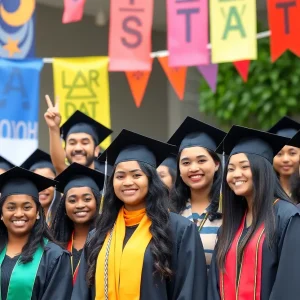 Diverse group of students celebrating UndocuGraduation with cultural elements.