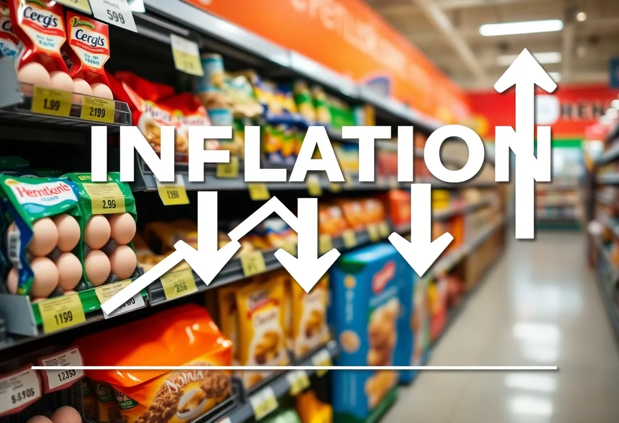 A graphic showing inflation trends with grocery items and price drops.