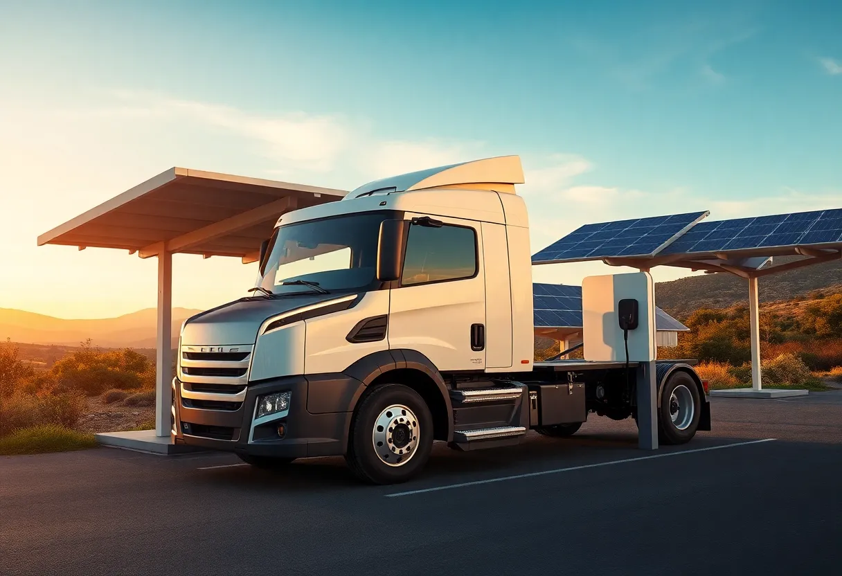 Electric truck charging at a solar-powered depot