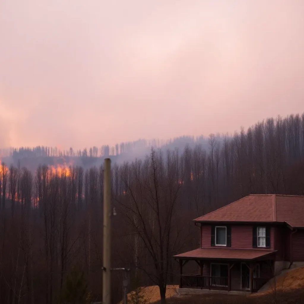 Charred forest and house after a wildfire in California