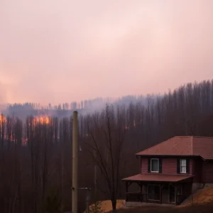 Charred forest and house after a wildfire in California