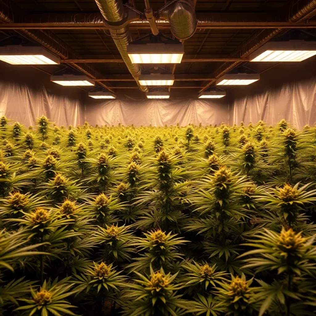 Indoor cannabis cultivation site with illegal cannabis plants