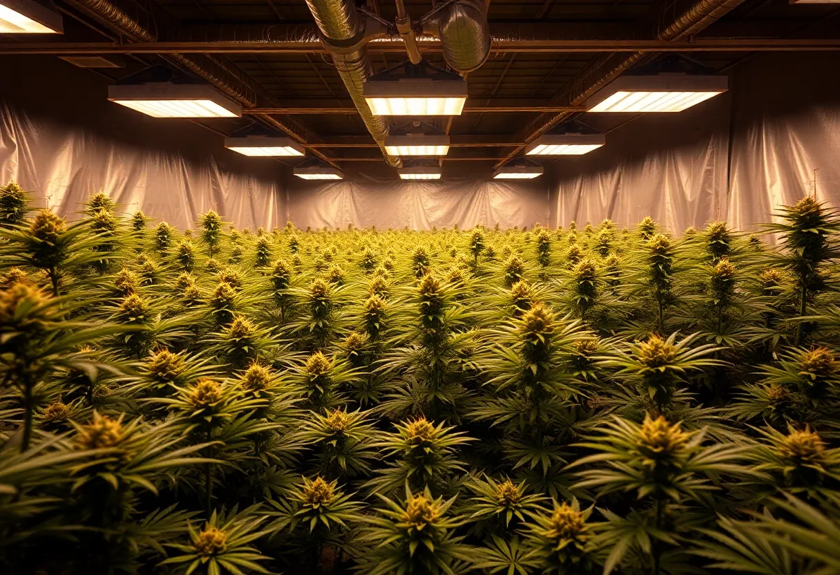 Indoor cannabis cultivation site with illegal cannabis plants