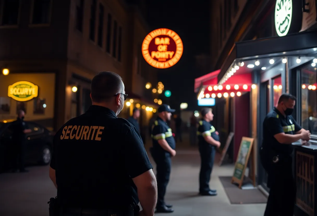 Bar entrance at night with security presence