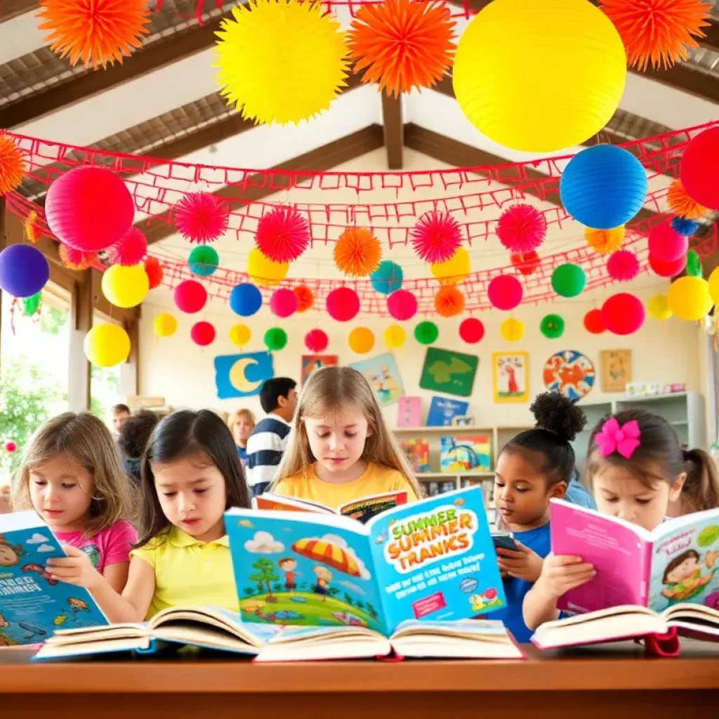 Families enjoying the Anaheim summer reading program with books and community activities.