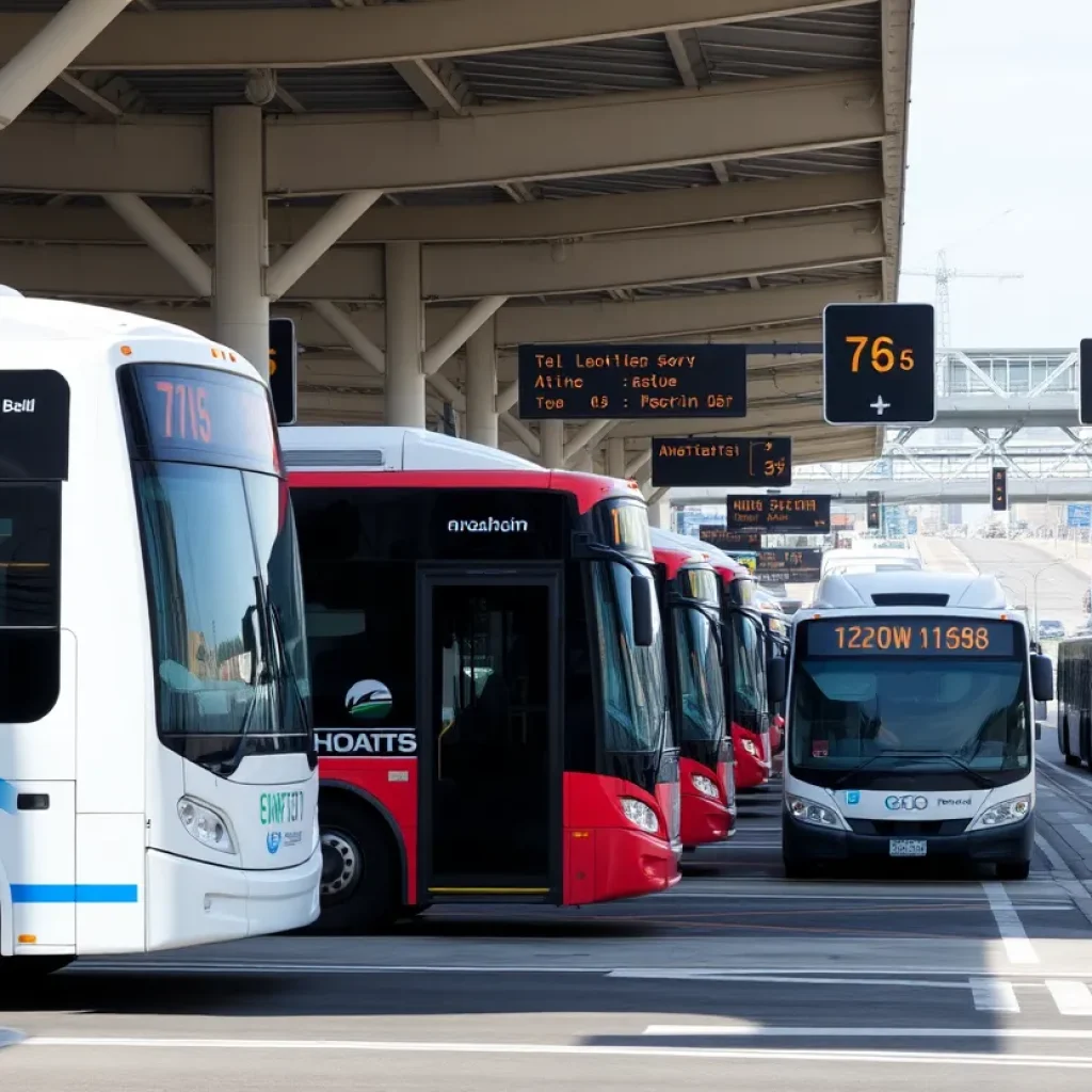 Buses of the Anaheim Transportation Network at a busy transit station