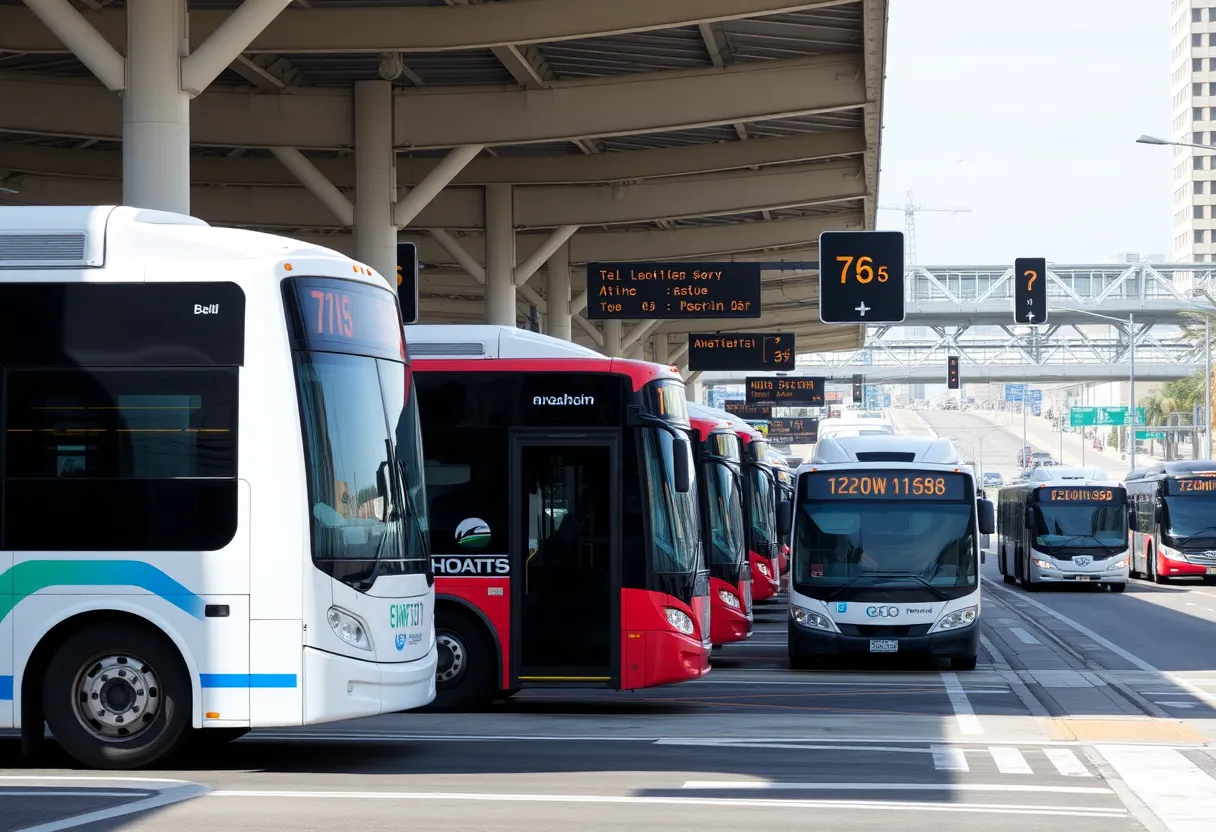 Buses of the Anaheim Transportation Network at a busy transit station