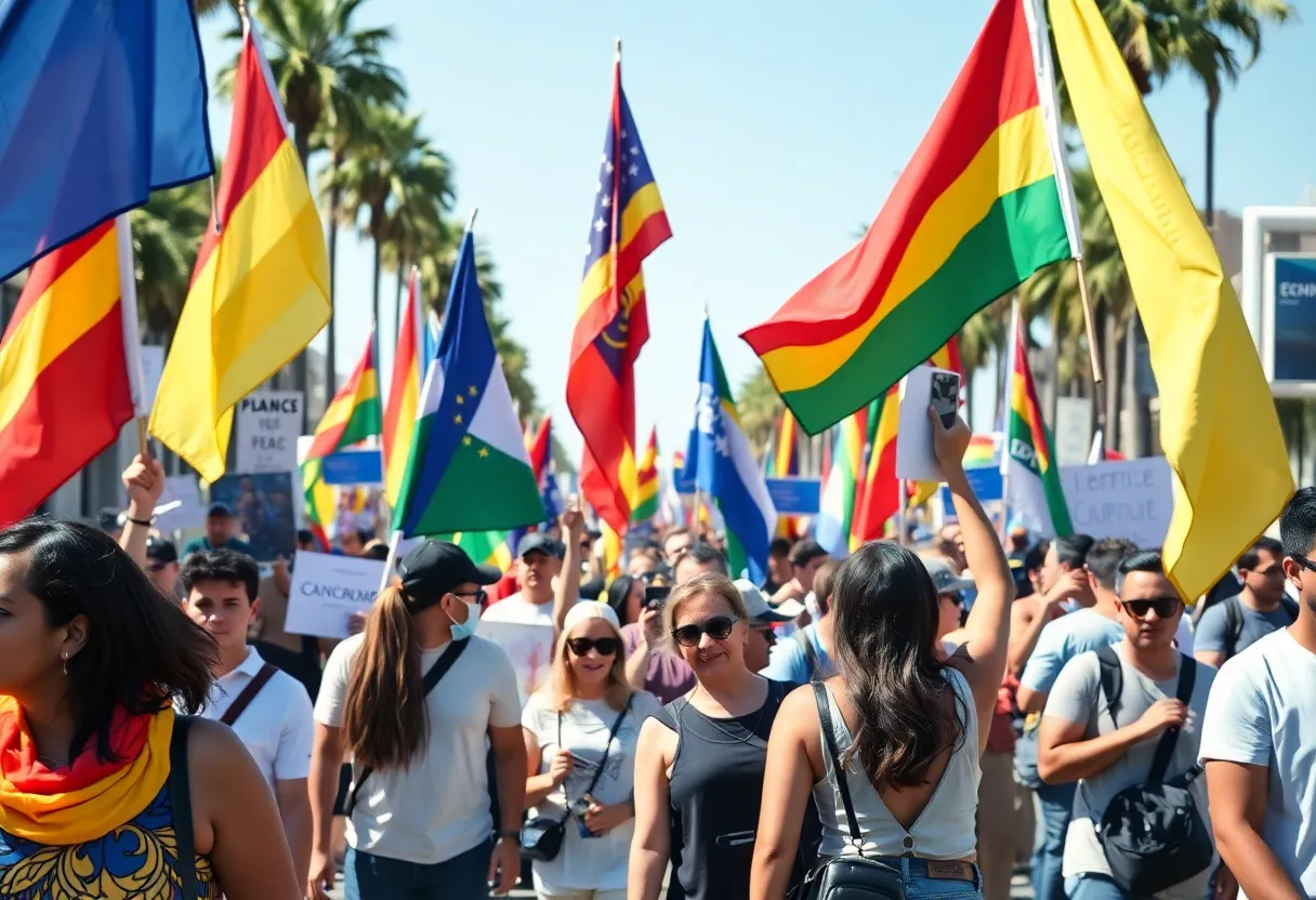 Crowd of diverse protesters in Anaheim celebrating cultural unity against ICE policies