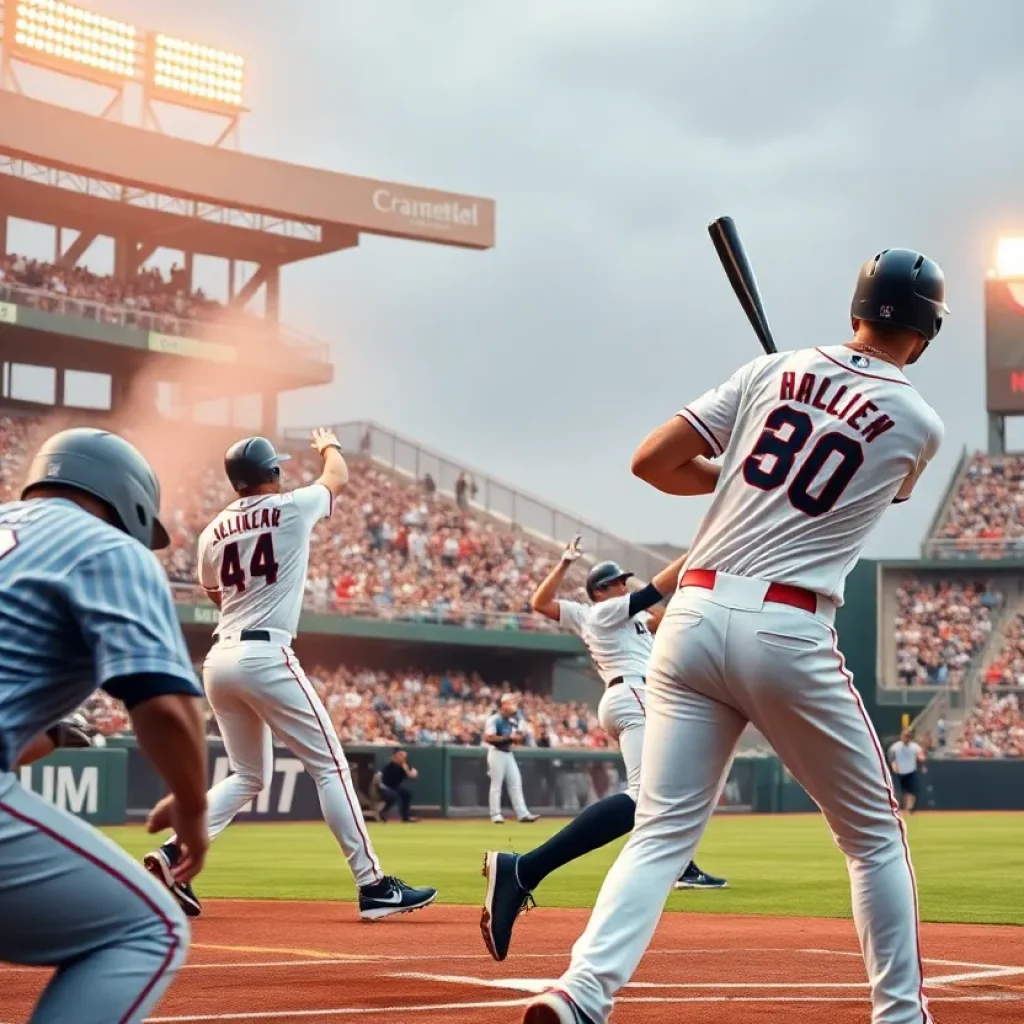 Dynamic baseball scene showing game action between the Angels and Red Sox.
